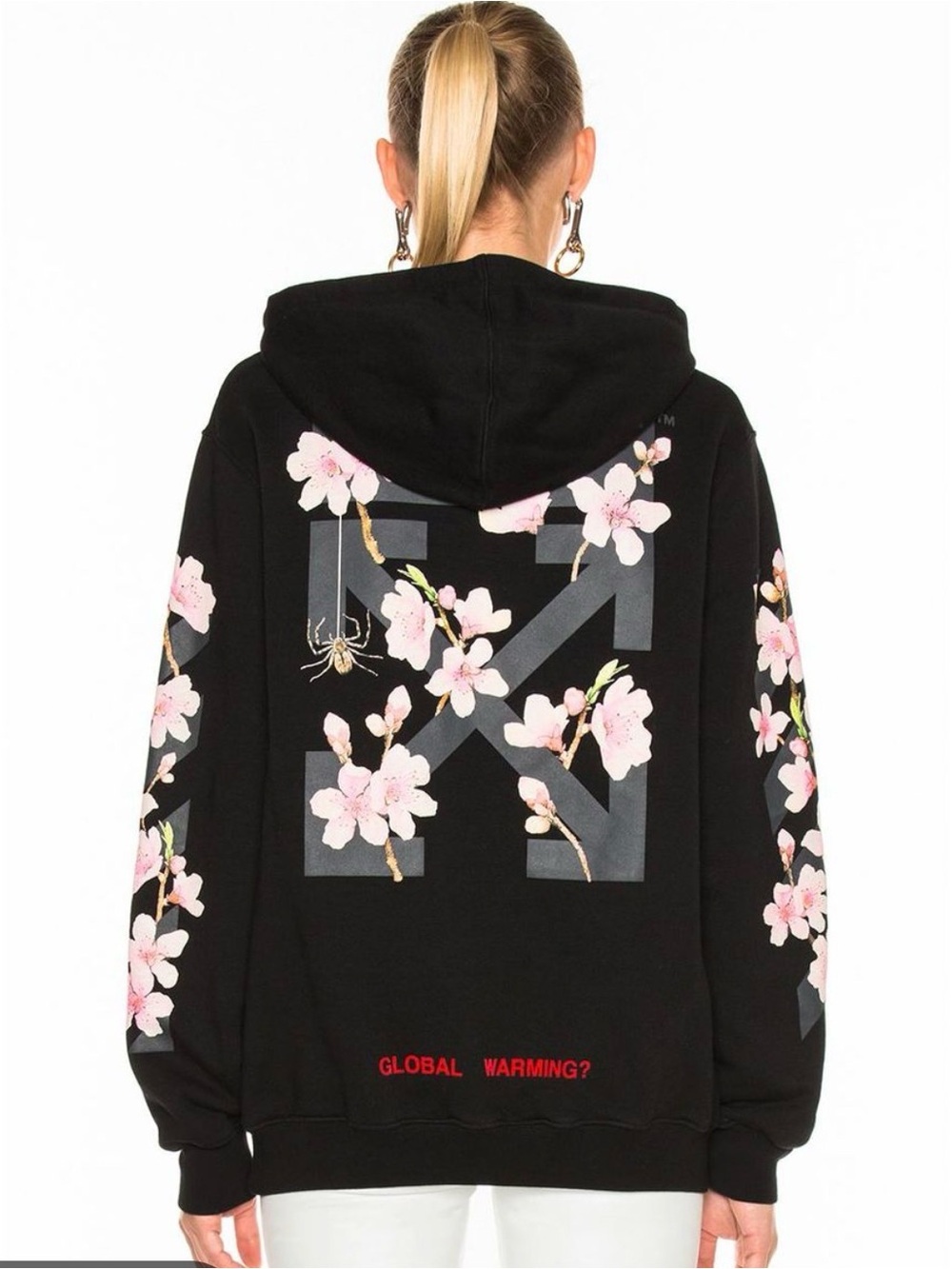Off-White Black Hoodie with Pink Cherry Blossom Graphics